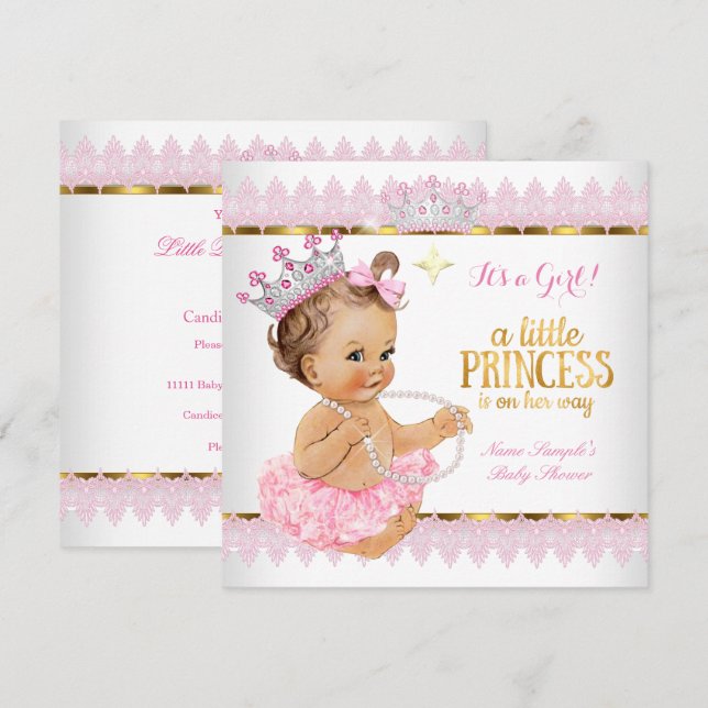 Invitación Fiesta de Bebé Princesa Rosa Dorado Bebé Morena (Anverso / Reverso)