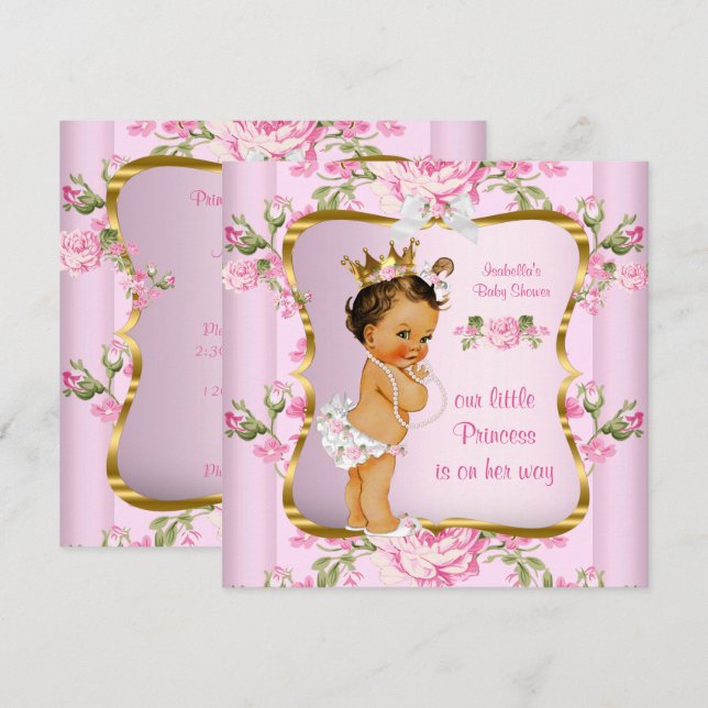 Invitación Fiesta de Bebé Princesa Rosa Dorado Floral Morena (Anverso / Reverso)