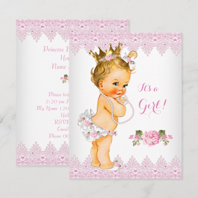 Invitación Fiesta de Bebé Princesa Rosa Lace Blanco Rubia (Anverso / Reverso)