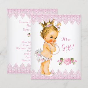 Invitación Fiesta de Bebé Princesa Rosa Lace Blanco Rubia