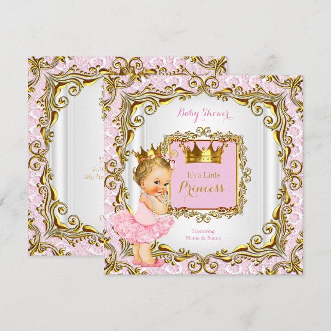 Invitación Fiesta de Bebé Princesa Rubia Encaje Rosa Oro Blan (Anverso / Reverso)