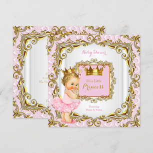 Invitación Fiesta de Bebé Princesa Rubia Encaje Rosa Oro Blan