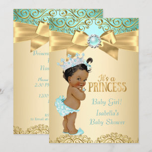 Invitación Fiesta de Bebé Princesa Teal Gold Damasco Étnico