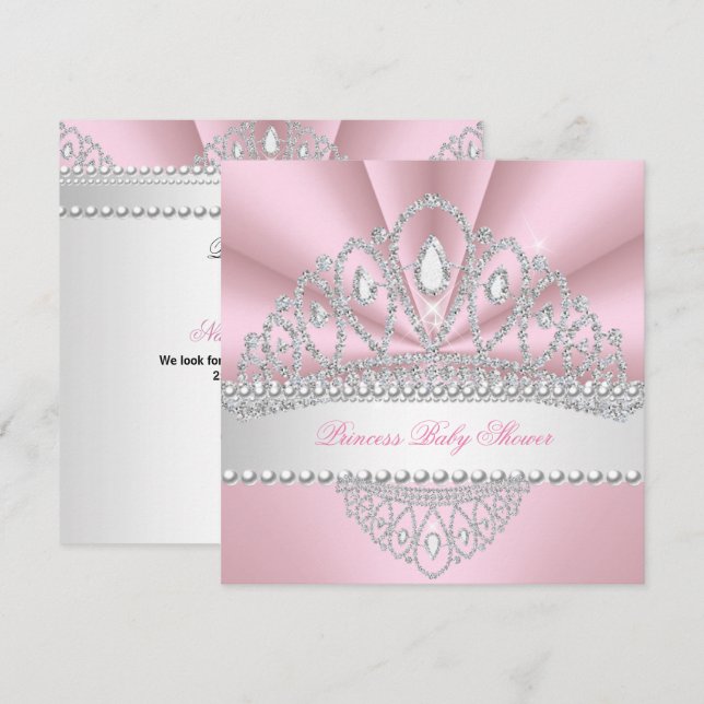 Invitación Fiesta de Bebé Princesa Tiara de Diamantes Perlas  (Anverso / Reverso)
