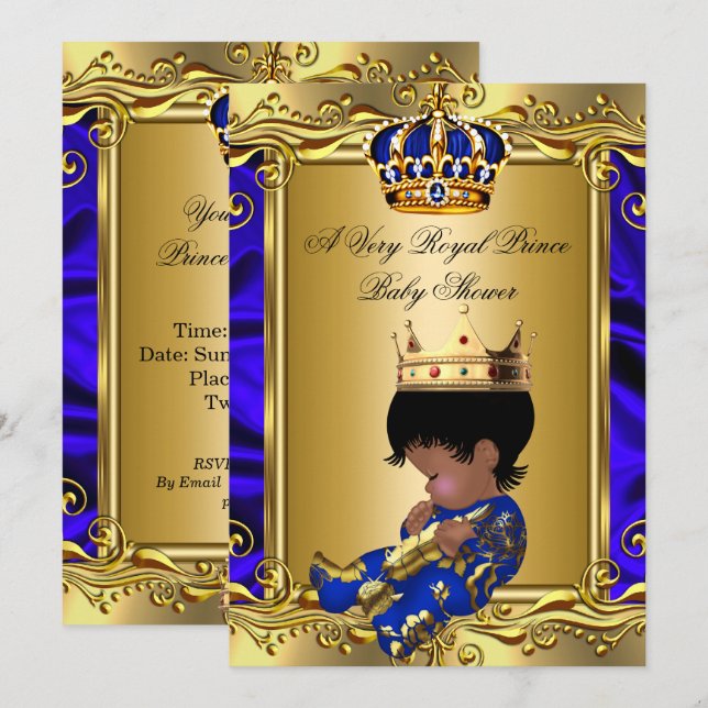Invitación Fiesta de Bebé Príncipe Azul Real Dorado Regio Niñ (Anverso / Reverso)