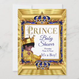 Invitación Fiesta de Bebé Príncipe Dorado Oscuro Étnico Azul 