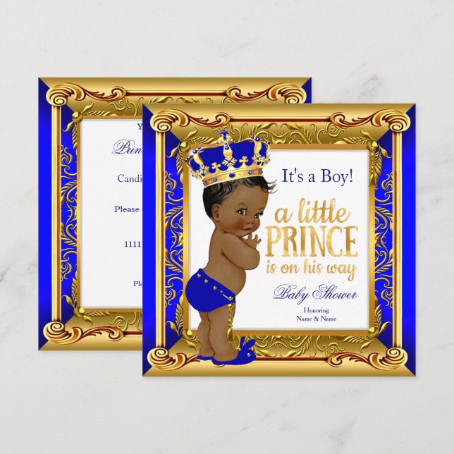 Invitación Fiesta de Bebé Príncipe Étnico Azul Falso Oro (Anverso / Reverso)