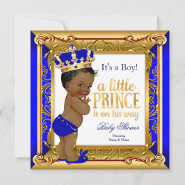 Invitación Fiesta de Bebé Príncipe Étnico Azul Falso Oro