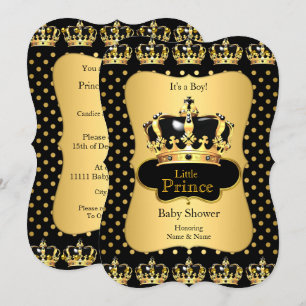 Invitación Fiesta de bebé Príncipe Lunares Negro Oro