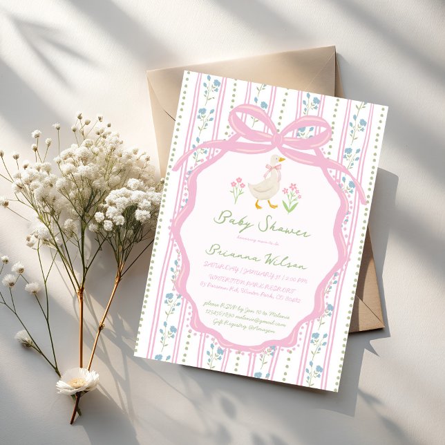 Invitación Fiesta de bebé rimas de nursery de ganso (Goose nursery rhymes preppy pink bow baby shower invitation cards template )
