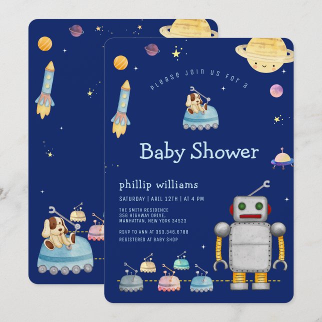 Invitación Fiesta de Bebé Robot Juguete de Aventura Espacio E (Anverso / Reverso)