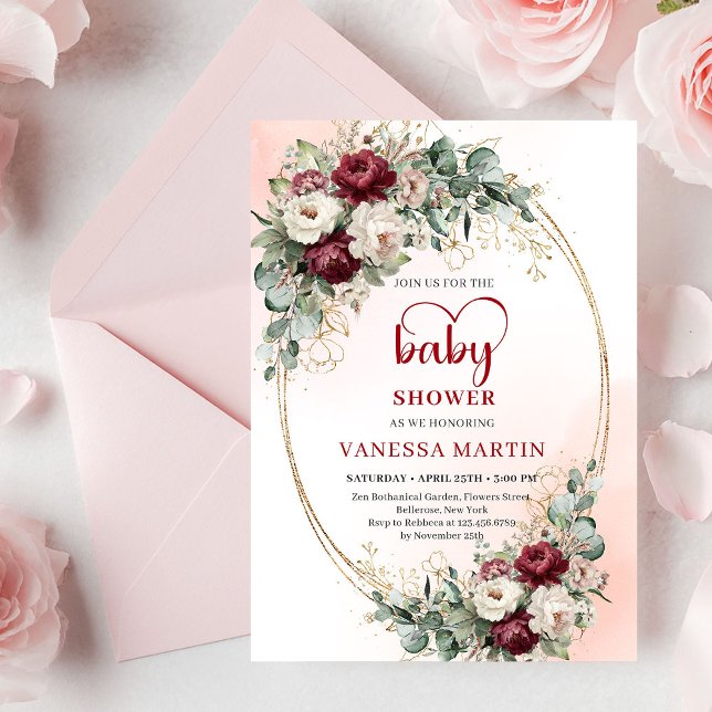Invitación Fiesta de Bebé Romántica Boho Borgoña Eucalipto Do (Romantic Burgundy Eucalyptus Gold Baby Shower Invite)