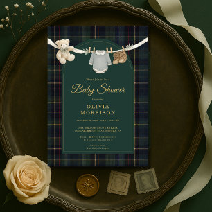 Invitación Fiesta de Bebé Ropa de Oso de Peluche Verde a Cuad