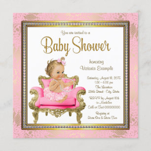 Invitación Fiesta de Bebé Rosa Dorado Perlas Silla Rosa