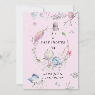 Invitación Fiesta de Bebé Rosa Personalizada Little Birdies
