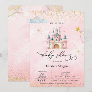 Invitación Fiesta de Bebé Rosa Polvo de Oro Castillo de Princ