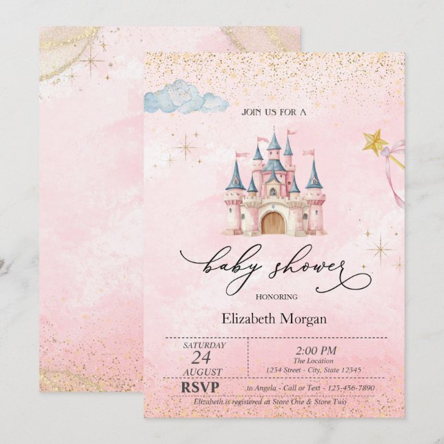 Invitación Fiesta de Bebé Rosa Polvo de Oro Castillo de Princ (Anverso / Reverso)