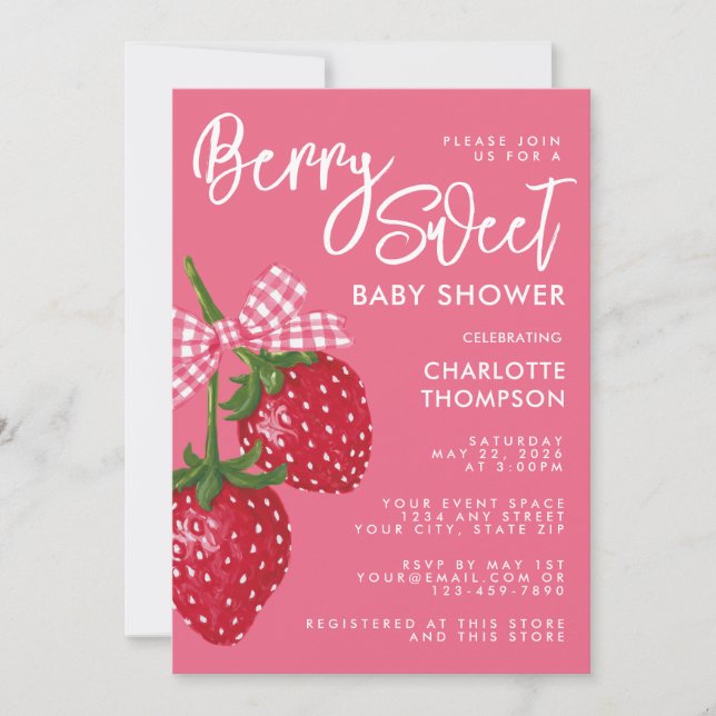 Invitación Fiesta de bebé rosa y rojo dulce de fresa (Anverso)