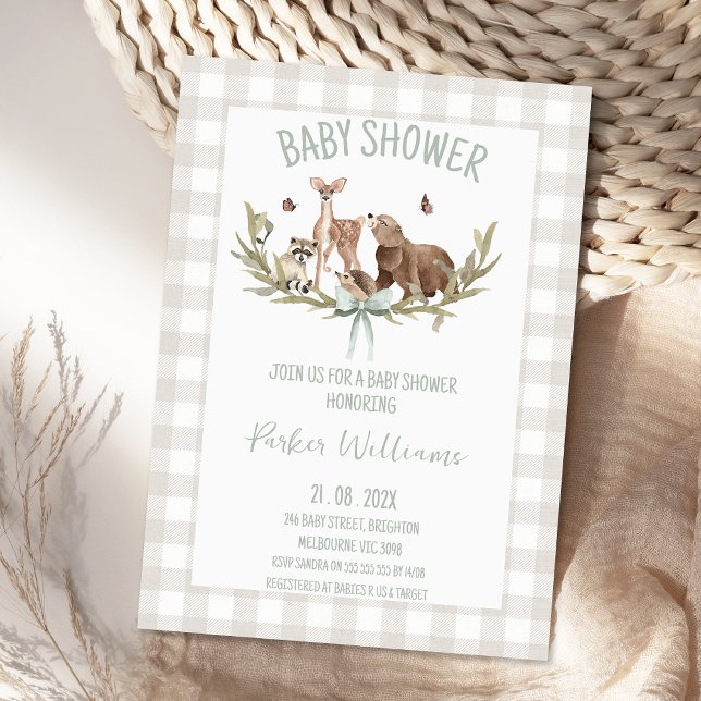Invitación Fiesta de Bebé Rústica de Beige a Cuadros Bosque (Gender Neutral Woodland Baby Shower Invitation Template, Woodland Animals Baby Shower Invitations)