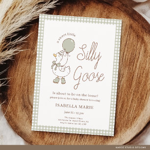 Invitación Fiesta de Bebé Sage Gingham Pequeño Ganso Tonto