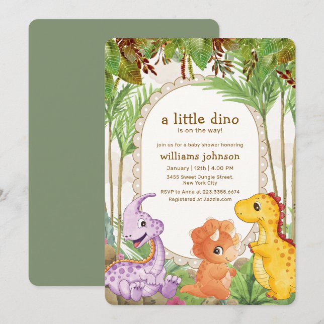 Invitación Fiesta de Bebé Selva Tropical Verde Dinosaurio (Anverso / Reverso)