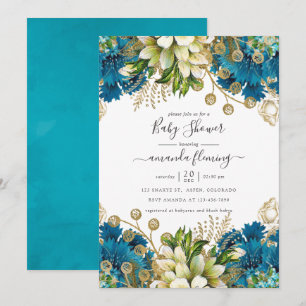 Invitación Fiesta de Bebé Shabby Turquesa y Dorado Vintage