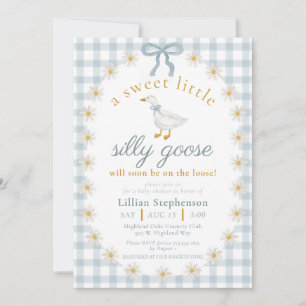 Invitación Fiesta de Bebé Silly Goose Blue Bow Daisy Gingham