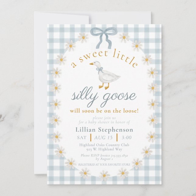 Invitación Fiesta de Bebé Silly Goose Blue Bow Daisy Gingham (Anverso)