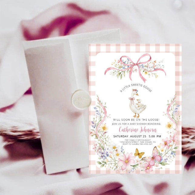 Invitación Fiesta de Bebé Silly Goose con Cuadros Rosados Pre (Subido por el creador)