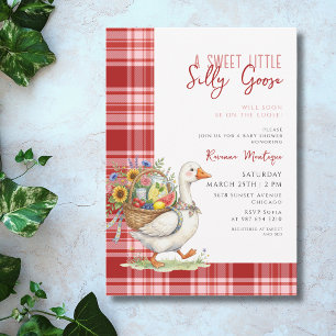 Invitación Fiesta de Bebé Silly Goose Flores de Cuadros Rojos