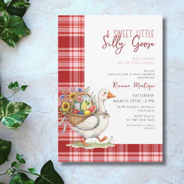 Invitación Fiesta de Bebé Silly Goose Flores de Cuadros Rojos (Subido por el creador)