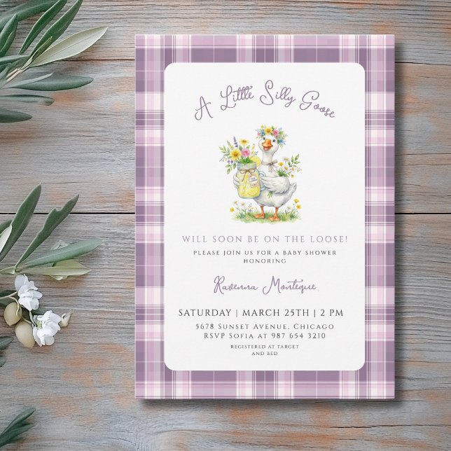 Invitación Fiesta de Bebé Silly Goose Flower Purple Gingham (Subido por el creador)