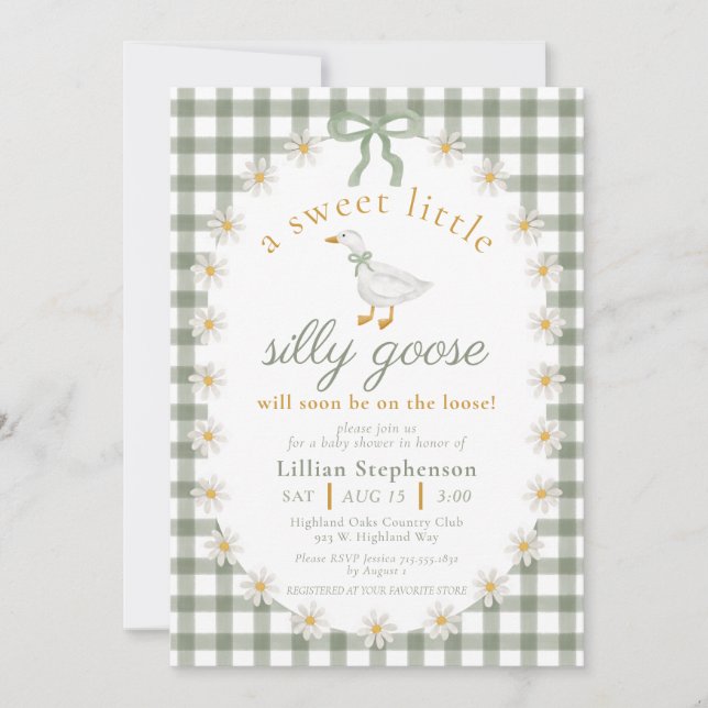 Invitación Fiesta de Bebé Silly Goose Green Bow Daisy Gingham (Anverso)