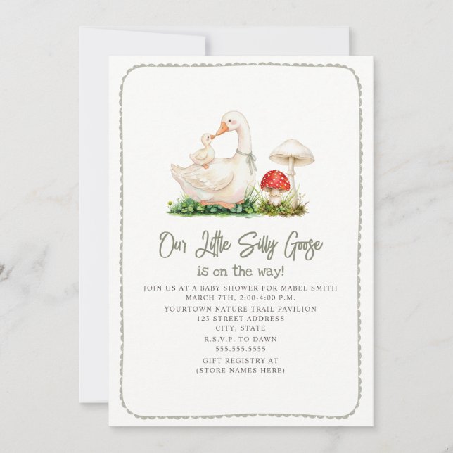 Invitación Fiesta de Bebé Silly Goose Mushroom Mama Verde (Anverso)
