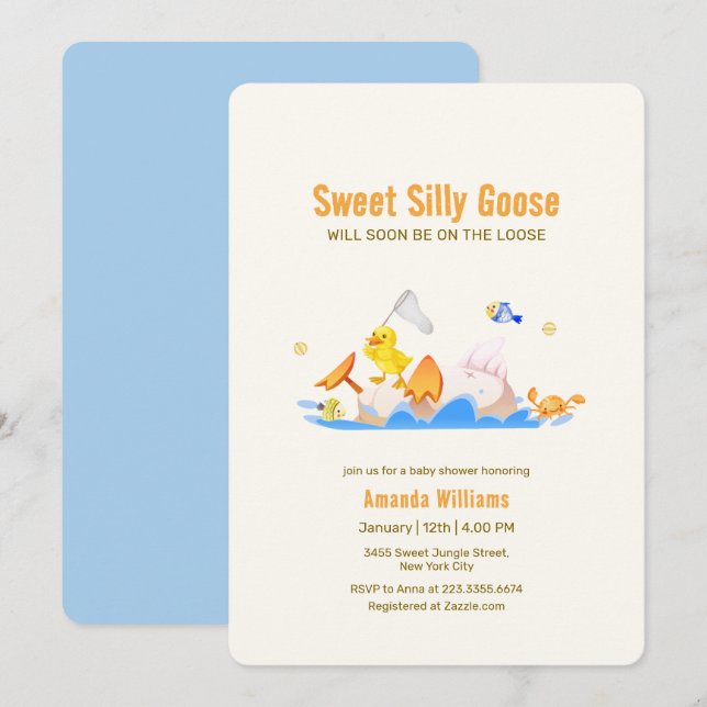 Invitación Fiesta de Bebé Silly Goose Ocean Fishing (Anverso / Reverso)