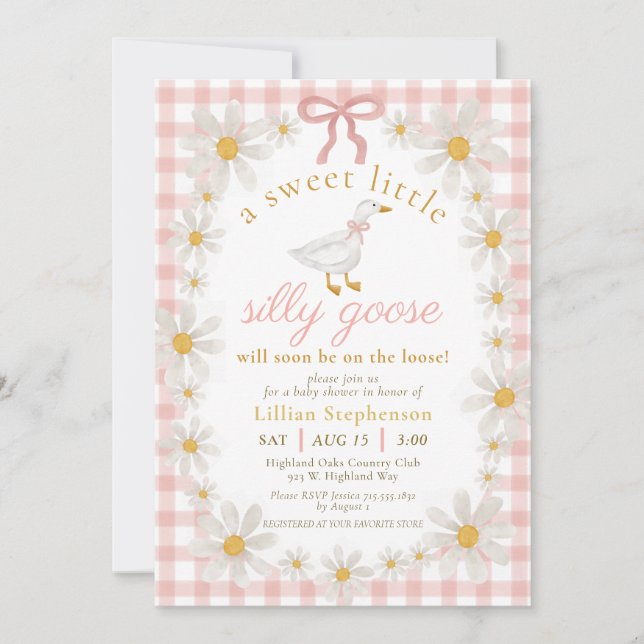 Invitación Fiesta de Bebé Silly Goose Pink Bow Daisy Gingham (Anverso)