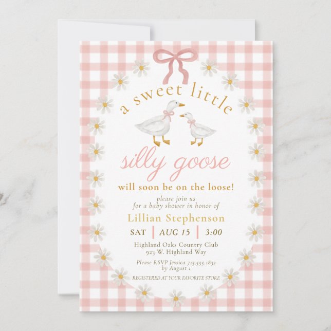 Invitación Fiesta de Bebé Silly Goose Pink Bow Daisy Gingham (Anverso)
