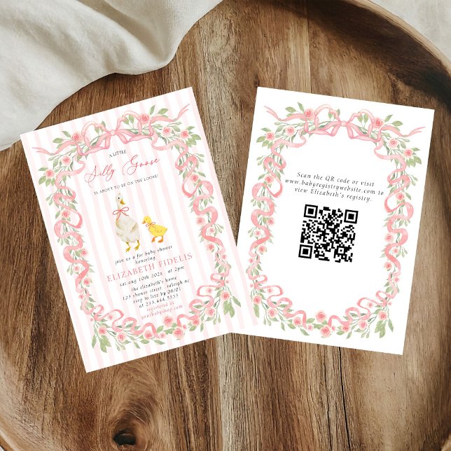 Invitación  Fiesta de Bebé Silly Goose Pink Bow Floral QR Cod (Subido por el creador)