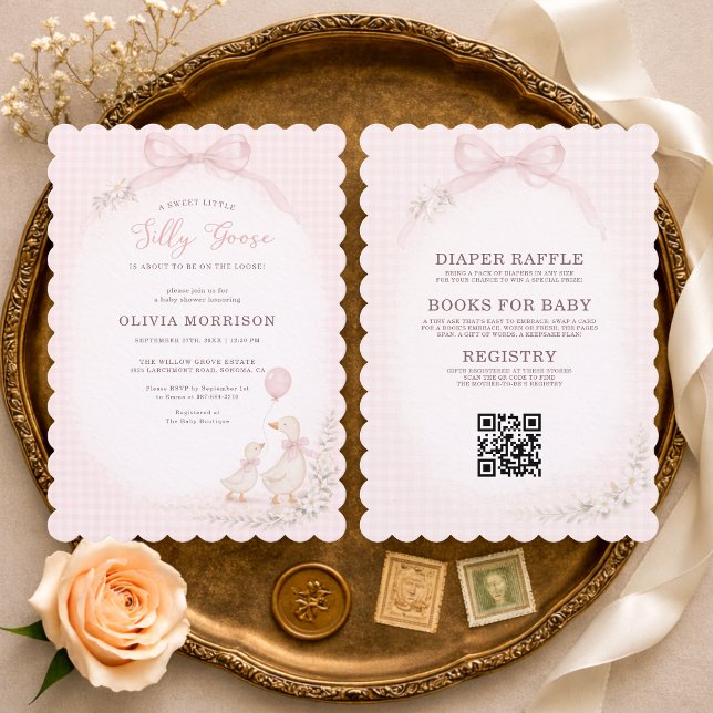 Invitación Fiesta de Bebé Silly Goose Pink Gingham Todo en Un (Subido por el creador)