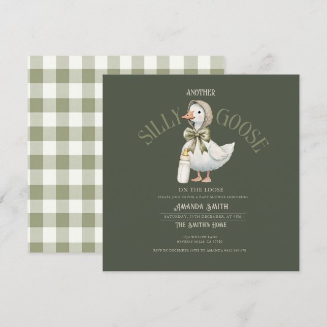 Invitación Fiesta de Bebé Silly Goose Verde Bosque neutral  (Anverso / Reverso)