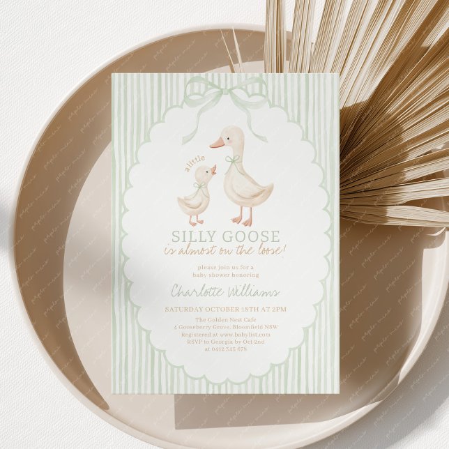 Invitación Fiesta de Bebé Silly Goose Verde Sage (A little Silly Goose is almost on the loose! Sage green striped Baby Shower Invitation)