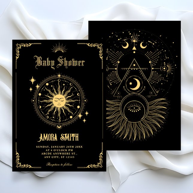 Invitación Fiesta de bebé símbolo de arte boho sol luna vinta (Subido por el creador)