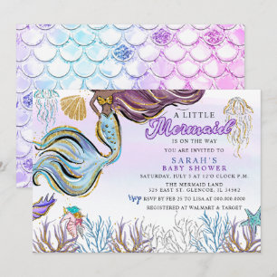 Invitación Fiesta de Bebé Sirena con Brillo Moderno Rosa Purp