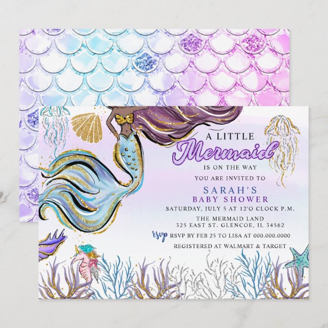 Invitación Fiesta de Bebé Sirena con Brillo Moderno Rosa Purp (Anverso / Reverso)