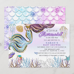 Invitación Fiesta de Bebé Sirena con Brillo Moderno Rosa Purp