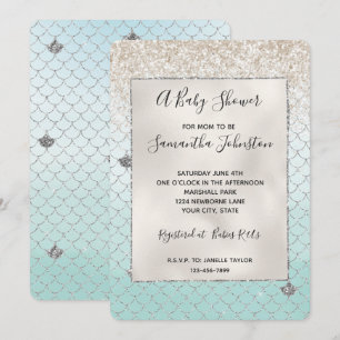 Invitación Fiesta de Bebé Sirena con Brillo Plateado y Ombre 