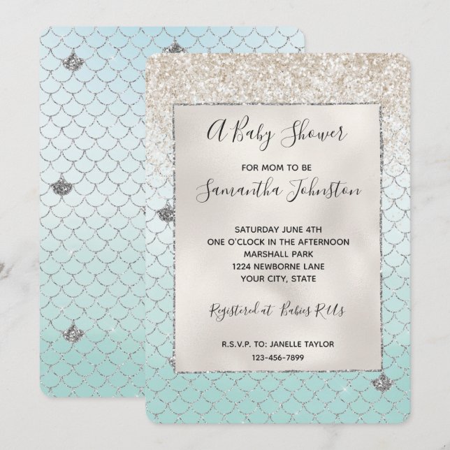 Invitación Fiesta de Bebé Sirena con Brillo Plateado y Ombre  (Anverso / Reverso)