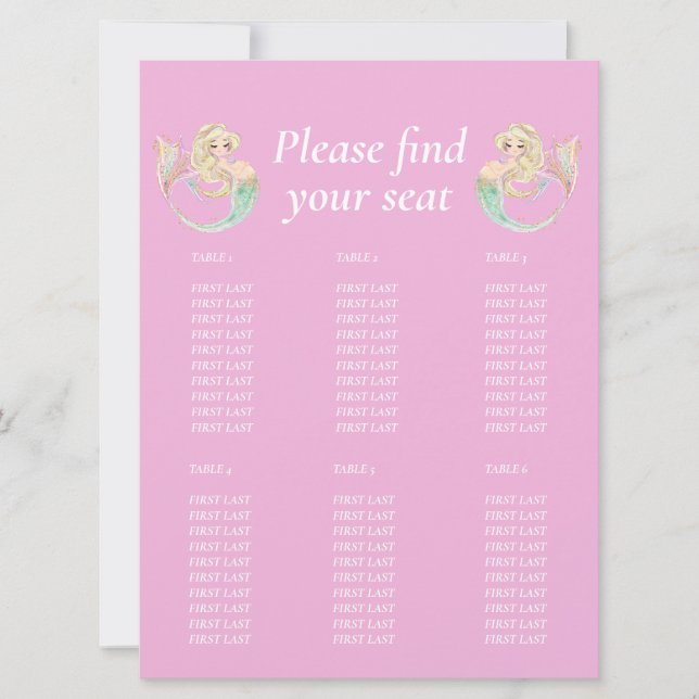 Invitación Fiesta de Bebé Sirena. Gráfico de mesa rosa (Anverso)