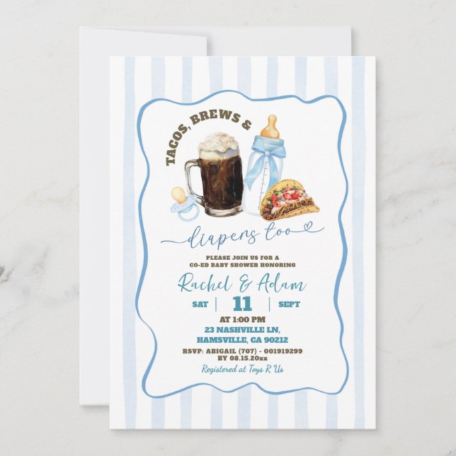 Invitación Fiesta de Bebé Stripes Blue Tacos Brews y Bebés (Anverso)