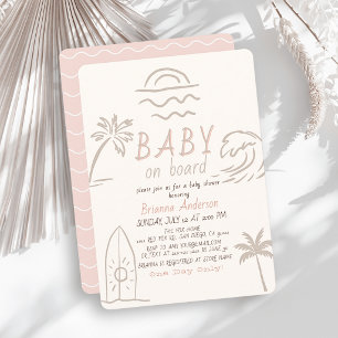 Invitación Fiesta de Bebé Surf Doodle Rosa Niña Bebé a Bordo